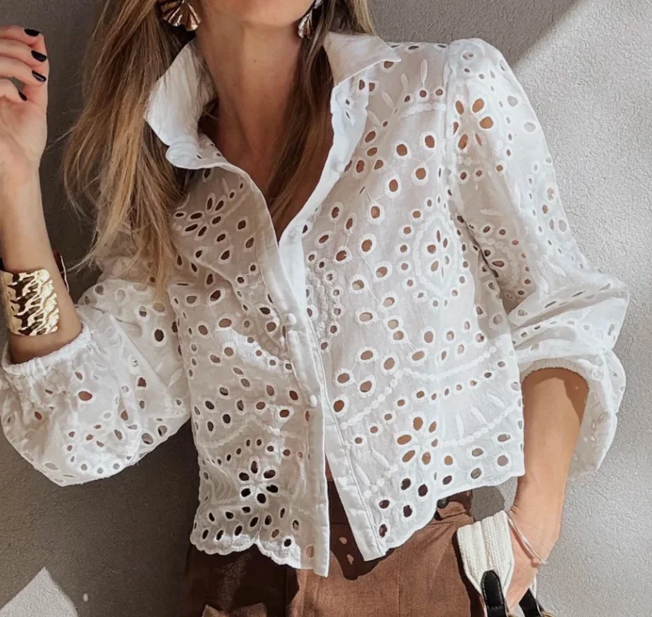Eyelet Embroidered Puff Sleeve Crop WHITE